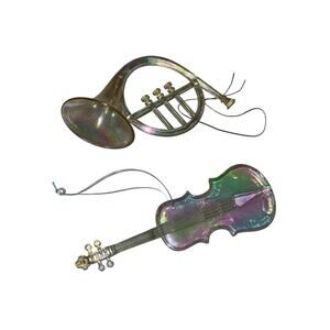 Vintage Hong Kong Iridescent Musical Ornaments Violin & French Horn 70s 80s Lot